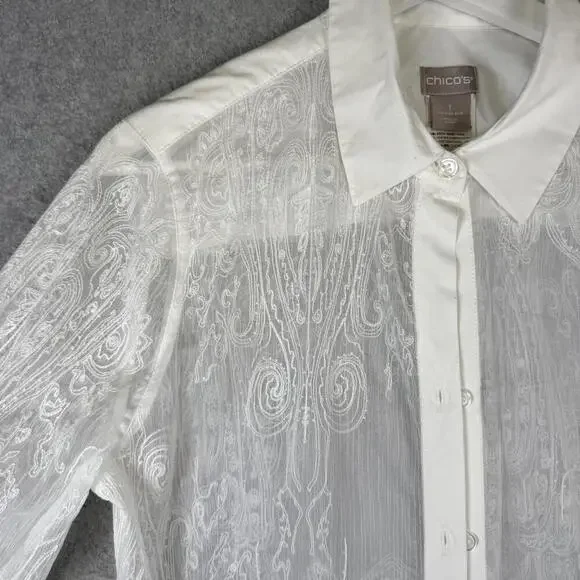 Chicos Women's Size One Size White Lace Detail Button Down 3/4 Sleeve Duster - Picture 6 of 9